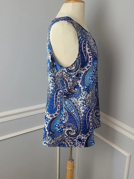 ANN TAYLOR PETITE Blue Pink Paisley Floral Keyhole Sleeveless Career Top LP - Picture 4 of 7